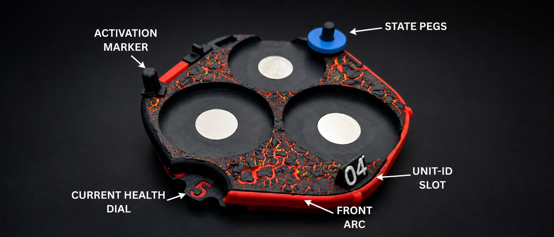 The GLOOMBASE - annotated unit base showing the activation marker, state pegs, current health dial, front arc and unit-ID slot