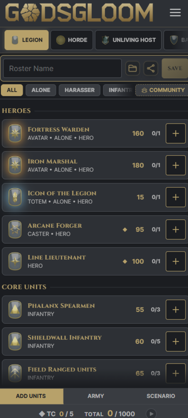 The companion's roster builder showing Legion heroes and core units with live points-costing