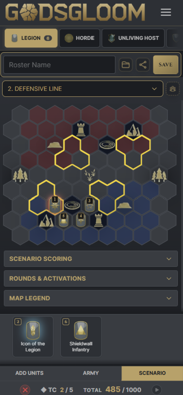 The companion's scenario board - a hex battle map with deployment zones and units placed for a mission